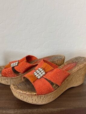 Vintage Degario Women's Orange Platform Wedge Slides with Rhinestone 8.5 USA